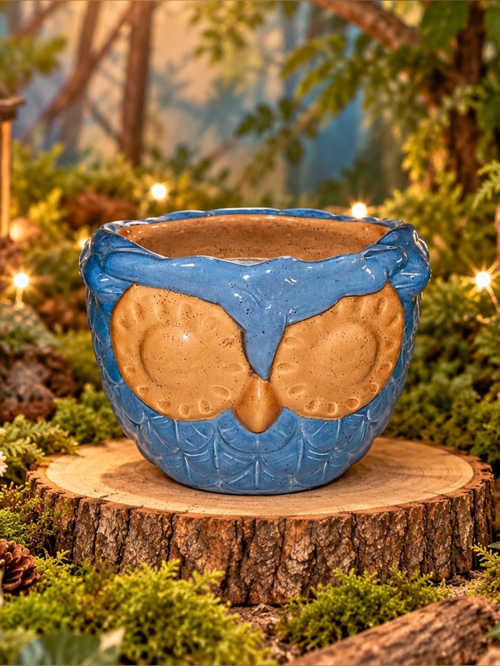 BBW Owl Ceramic Single Wick Candle Holder Blue & Tan Pottery Decor home